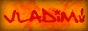 An animated web button with red words appearing on the orange background: art, fan art, models, design, Vladim