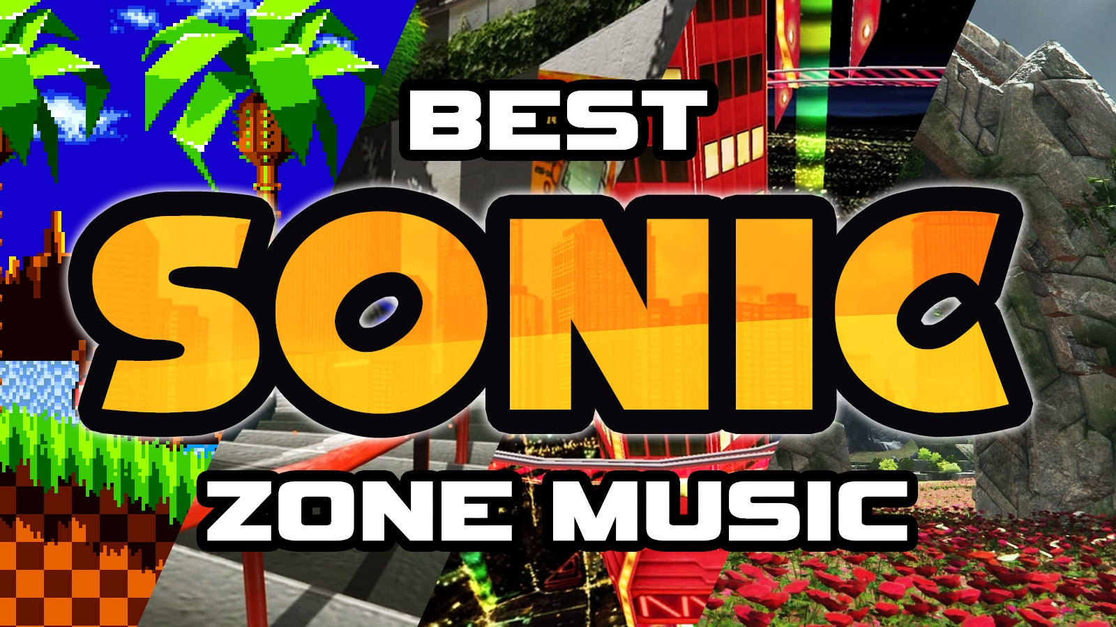 A digital collage featuring words best sonic zone music in big letters with screenshots from four sonic games assembled together on the background..