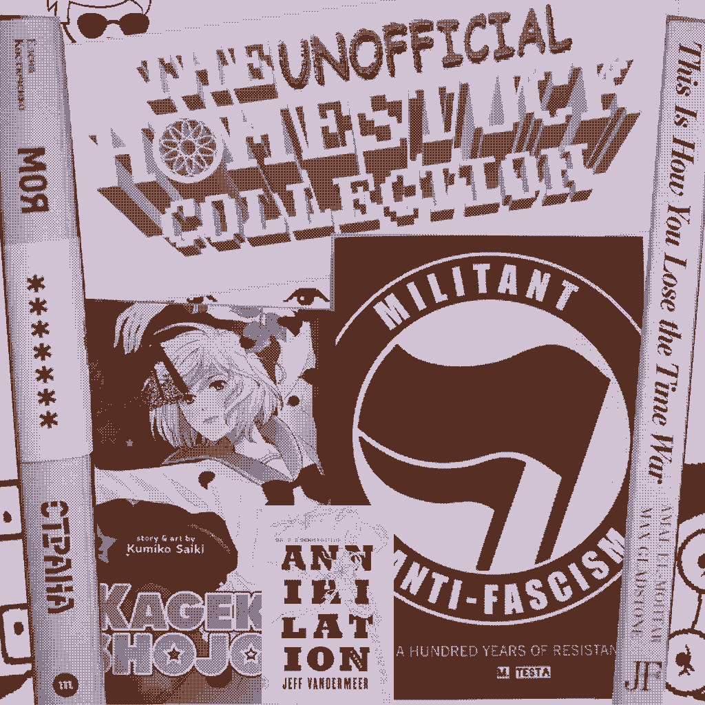 A pink dithered collage made of various book covers mentioned in the post with "The Unnoficial Homestuck Collection" logo on top and Homestuck characters peeping from behind the books.