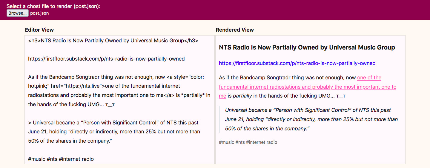 A screenshot of my tool "chost renderer" presented as a webpage with a json file of one of my cohost posts loaded and displayed in two different ways under the Editor View and the Rendered View.