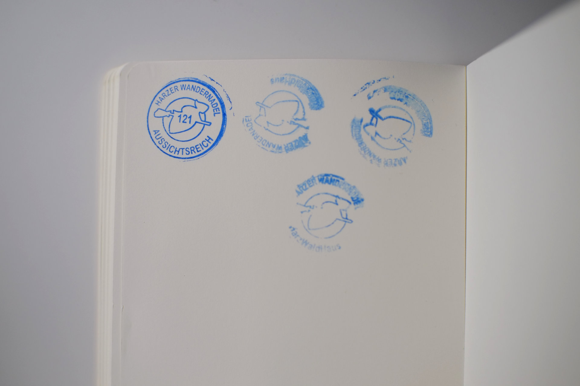 A photo of a notebook page with 4 blue stamps.