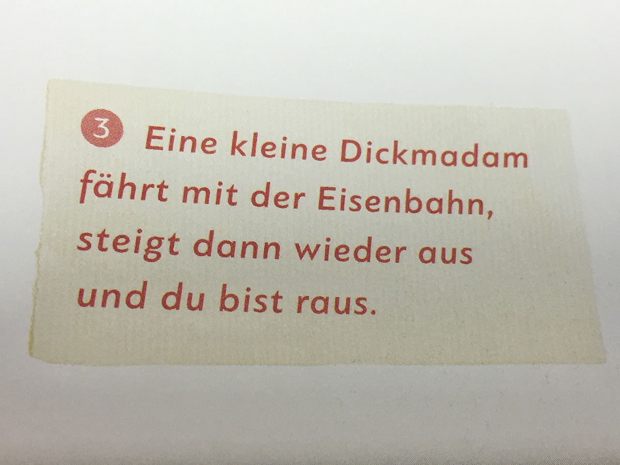 A photo of a textbook page with a German counting rhyme: "Eine kleine Dickmadam färht mit der Eisenbahn, steigt dann wieder aus und du bist raus."