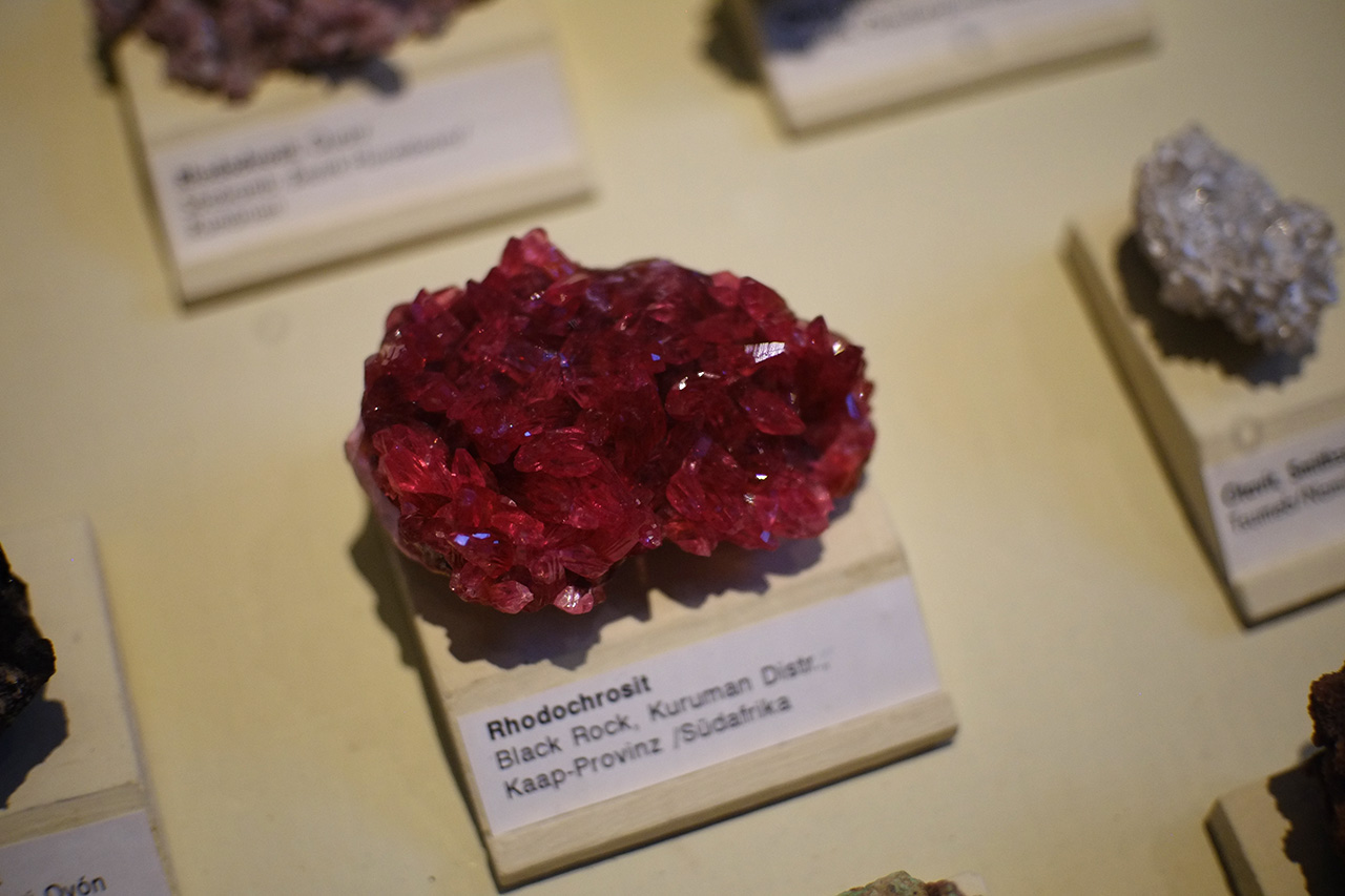 A photo of a dark-pink crystal with a chaotic spiky crystal formation exhibited under the glass on a table among other crystals. The label under it says: Rhodochrosit. Black Rock, Kuruman Distr., Kaap-Provinz /Südafrika