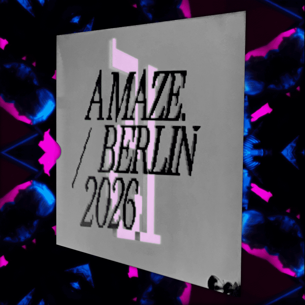 A digital photo collage featuring words "A MAZE Berlin 2026" in a rough digital font and a pink number 15 behind the words, all on flat gray rectangle with a black-blue-magenta kaleidoscope pattern in the background.