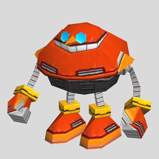 A 3D model render of Egg Pawn from the Sonic Heroes video game. It's a red-orange anthropomorphic robot with a spherical body, big teethy smile, and big round blue eyes.