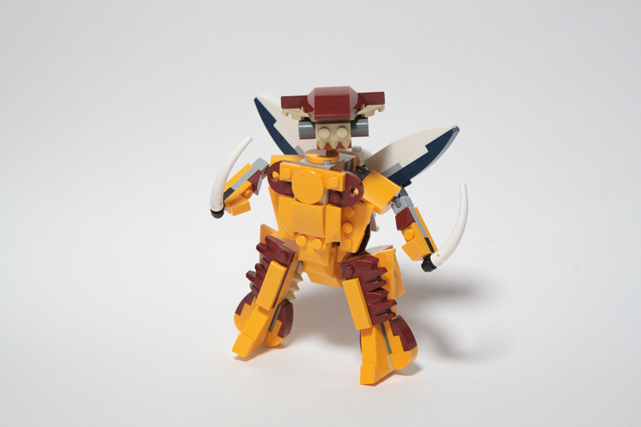 A front side photo of my custom LEGO build. It's an anthropomorphic bright light orange creature (or mech?) with brown details on the body and a brown hat. On its back there is a dark blue / white flying device with two bug-like wings. It holds two white blades made out of the long rib lego pieces in its hands.