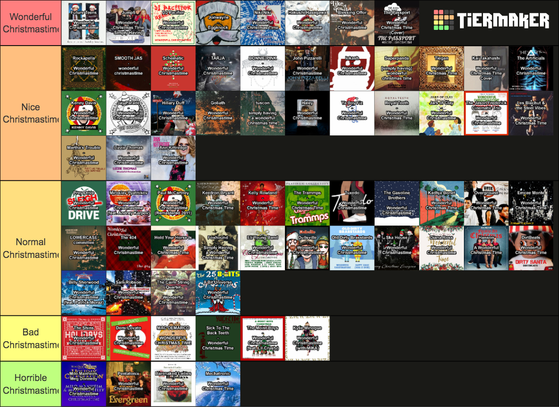 An image of a tiermaker tier list with 69 images of music album covers of different versions of the "Wonderful Christmastime" song by Paul McCartney, arranged between 5 tiers: Wonderful Christmastime, Nice Christmastime, Normal Christmastime, Bad Christmastime, and Horrible Christmastime.