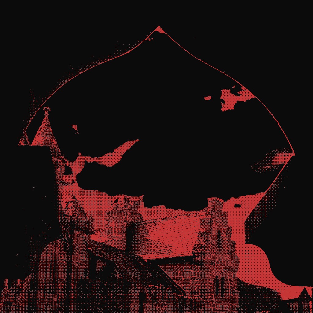 An edited photo of a medieval castle yard through a castle gate, processed through red-black dithering