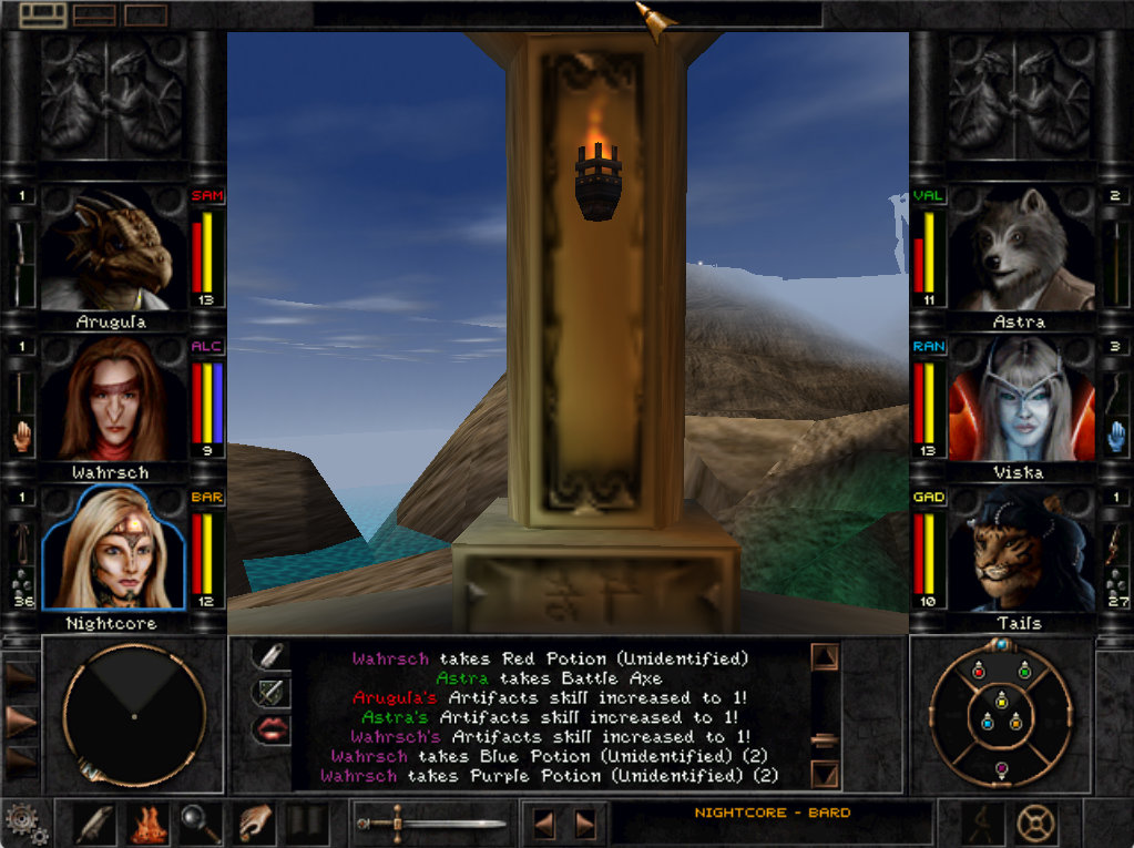 A video game screenshot featuring 6 fantasy character portraits to the sides and a 3d environment in the center with blue cloudy sky, water, some shore cliffs, and a stone pavillion.