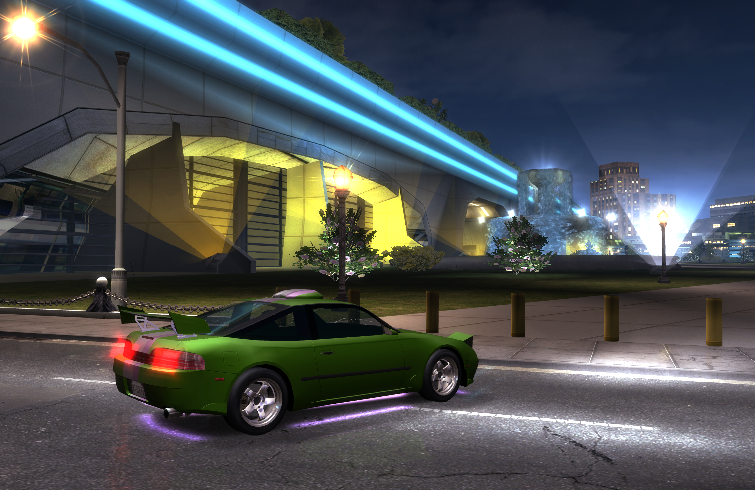 A video game screenshot of a green sport car with lilac neon lighting under the car body. The car is placed near a large overpass with blue decorative lighting.