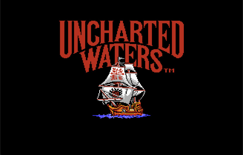 A title screen of the Uncharted Waters video game on NES, featuring the title in big red letters and a wooden sailing ship with coat of arms in black and red drawn on its sails..