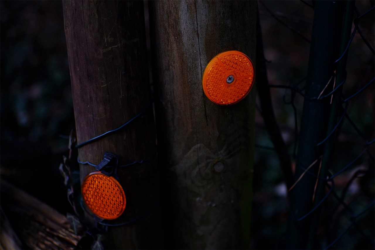 A photo of orange bike light reflectors wrapped around a dark wooden pole.