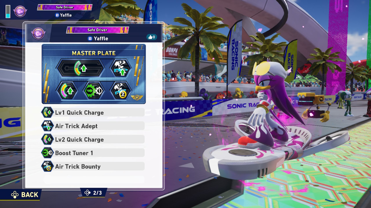 A screenshot of Sonic Racing CrossWorlds featuring an antropomorphic purple swallow character wearing white pants, white crop top, and a white bandana. To the left of the character is a UI container featuring Gadget Plate and a list of five gadgets: Lv1 Quick Charge, Air Trick Adept, Lv2 Quick Charge, Boost Tuner 1, Air Trick Bounty.
