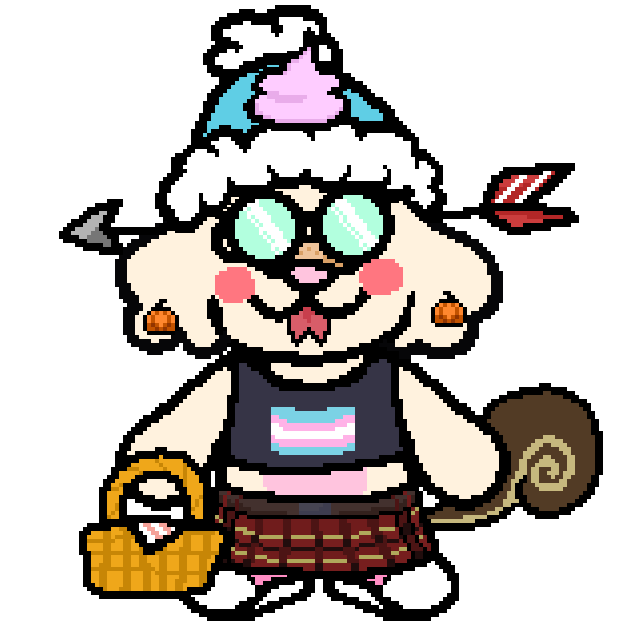 An image of an antropomorphic dog character in a binder with a trans flag, in a light blue snow hat with a pink cartoon-y poop on it, with a squirrel tail, and a picnic basket in one hand.