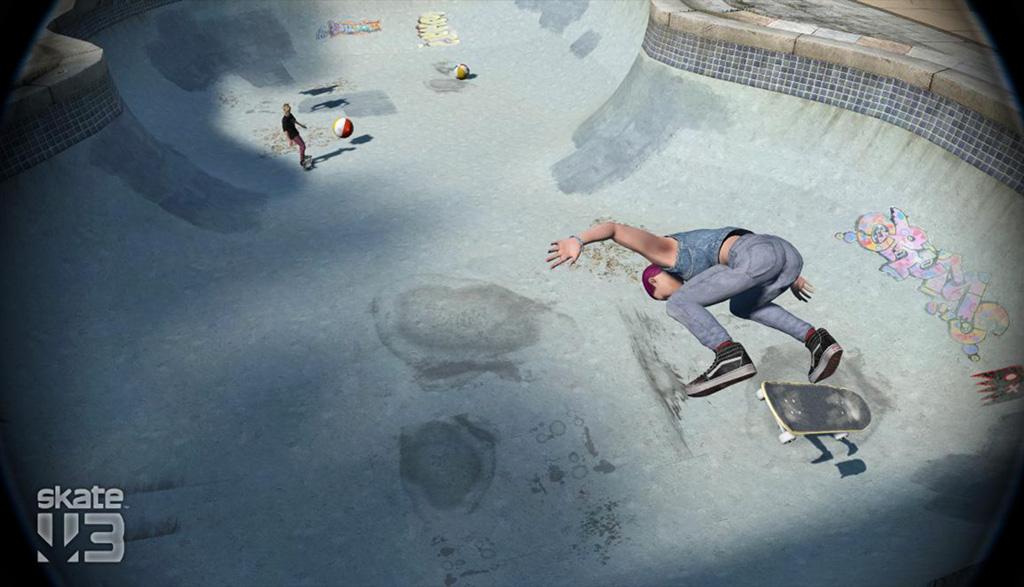 A virtual photo of a skater falling into a pool bowl while doing a board flip.