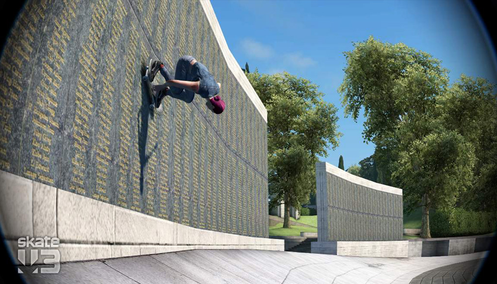 A virtual photo of a skater doing a wallride on a memorial wall.