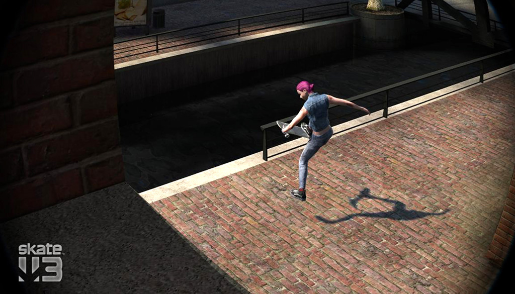 A virtual photo from above of a skater doing a caveman trick on a brick road.