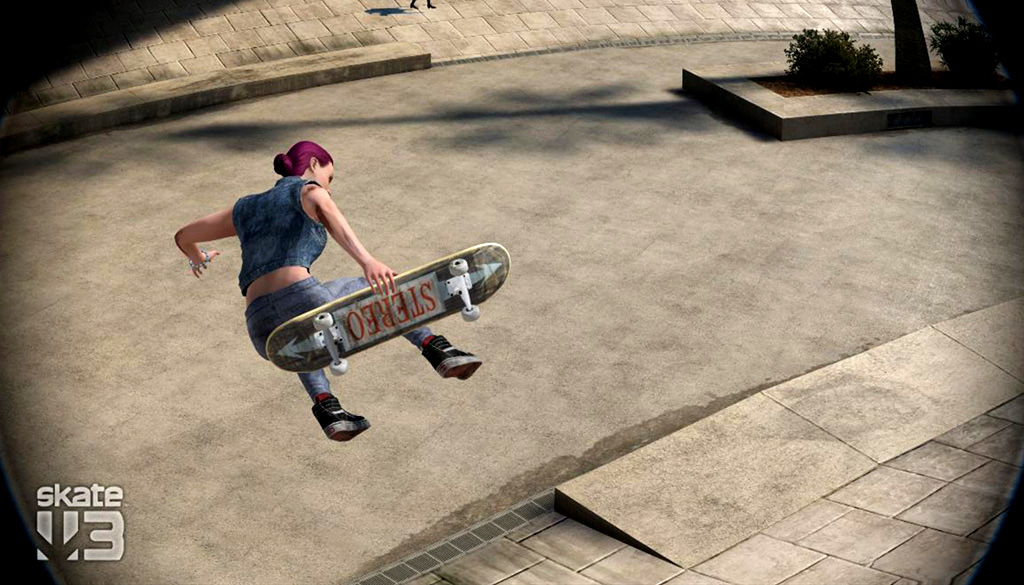 A virtual photo of a skater doing a board grab in the air.