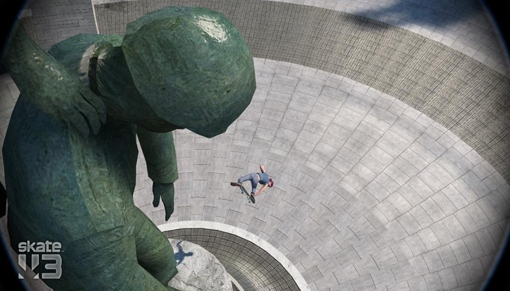 A virtual photo from a big green soldier memorial of a skater down below in the air doing a grab trick.