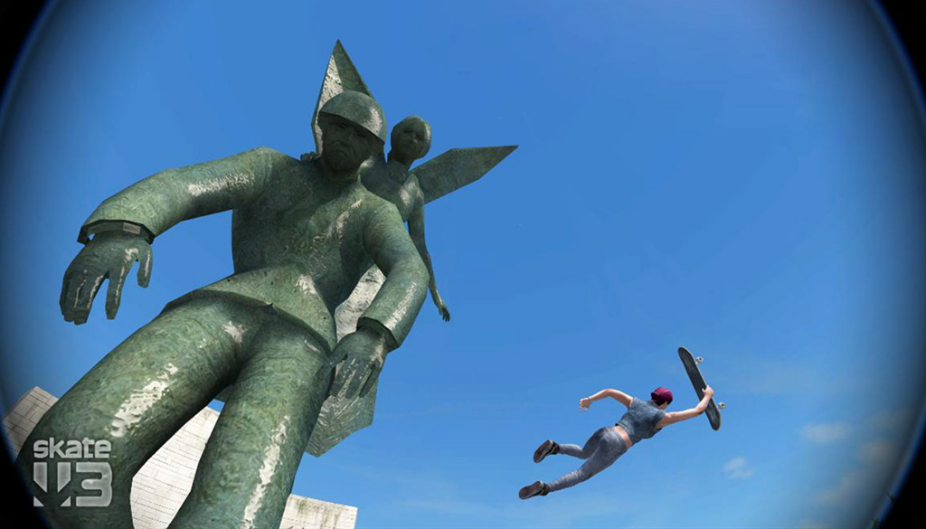 A virtual photo of a skater flying into the air holding their skateboard in one hand. To the left of them is a big monument of a green soldier.