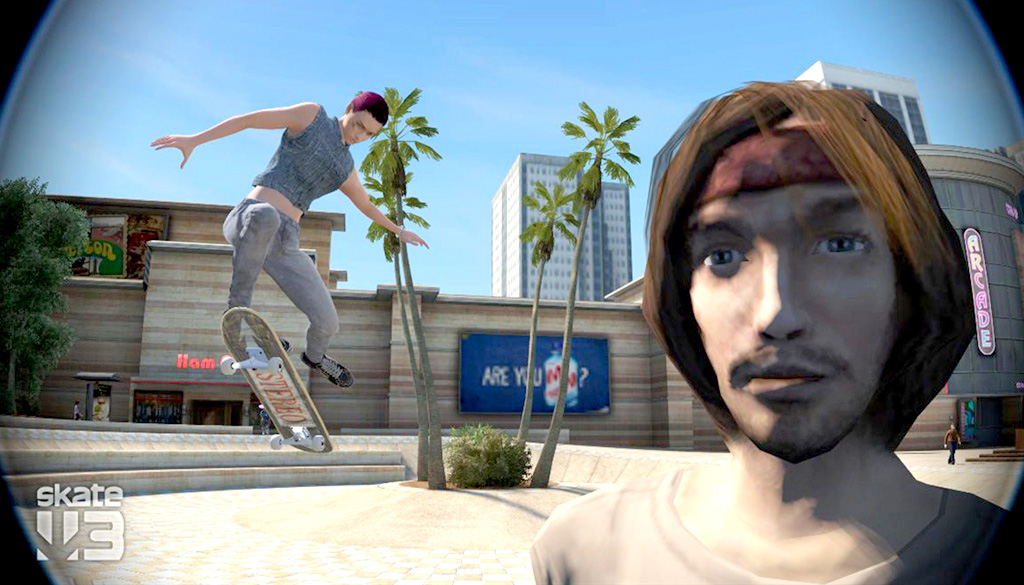 A virtual close-up photo of a person's face with a bob haircut, headband and a mustache. Behind them to the left is a skater jumping on a skateboard.