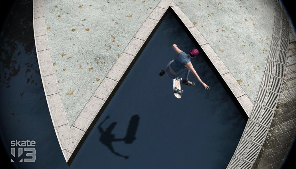A virtual photo from above of a skater jumping over an artificial water reservoir surrounded by stone blocks.