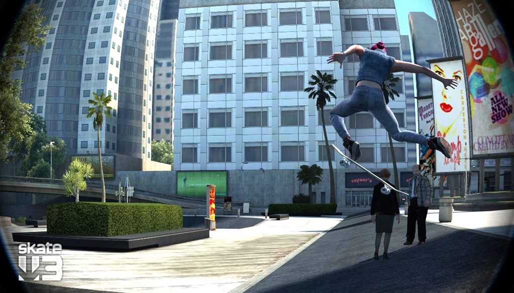 A virtual photo of a skater doing a one-foot ollie down a bank.