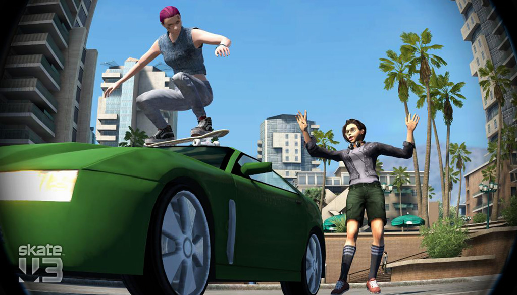 A virtual photo of a skater jumping on a green car with a surprised person to the right throwing their hands up with opened mouth.