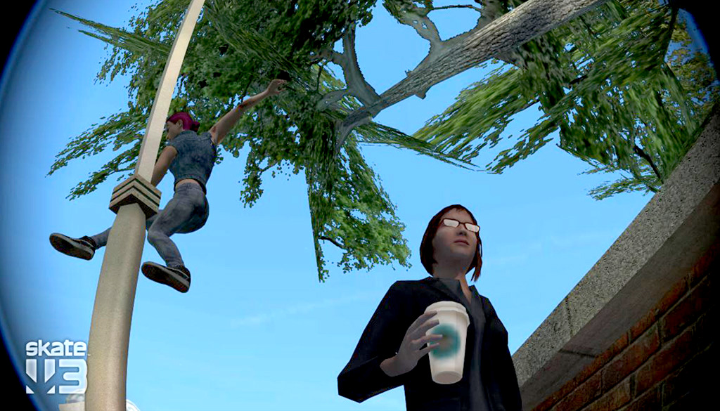 A virtual photo of a person in glasses holding a plastic coffee cup, above and behind them is a skater who has collided with a lamppost in an unnatural pose.