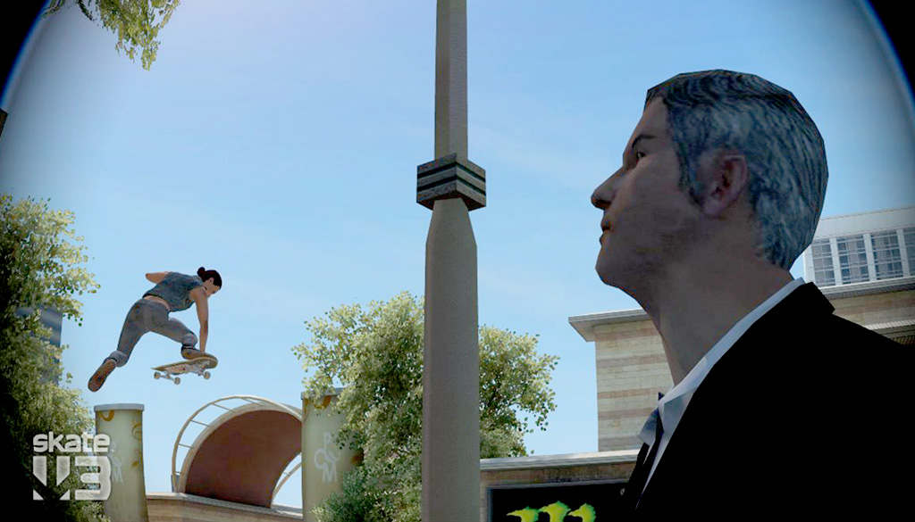 A virtual photo of grey-haired person in a suit looking to the left, where behind them a skater is in the air doing a grab trick.