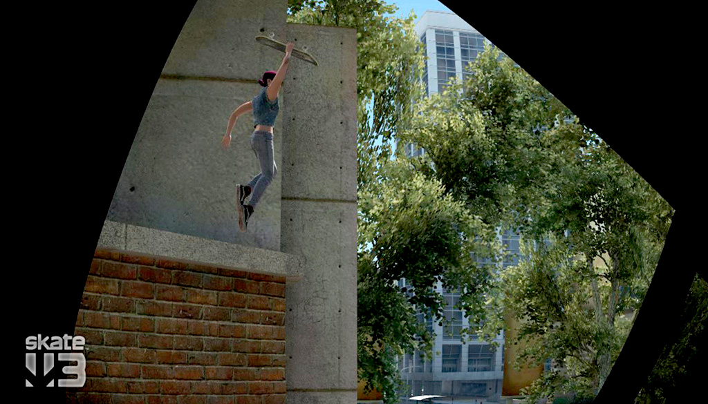 A virtual photo from a car window of a skater jumping from a stone wall while holding a skateboard in one hand.