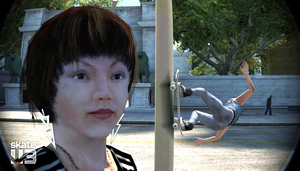 A virtual close-up photo of a person's face with light makeup and a bob haircut. Behind them a skater is doing a wallride on a lamppost.