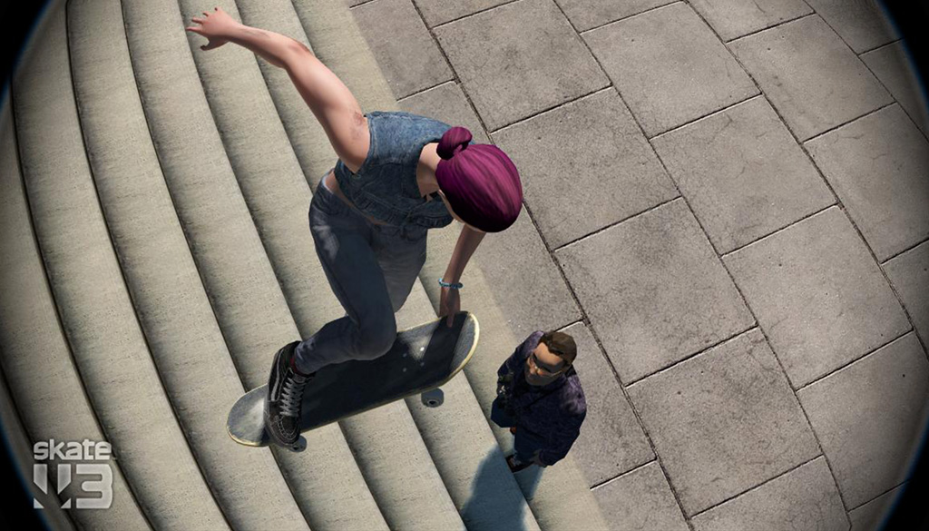 A virtual photo from above of a skater jumping from a staircase over another person who is looking up at them.