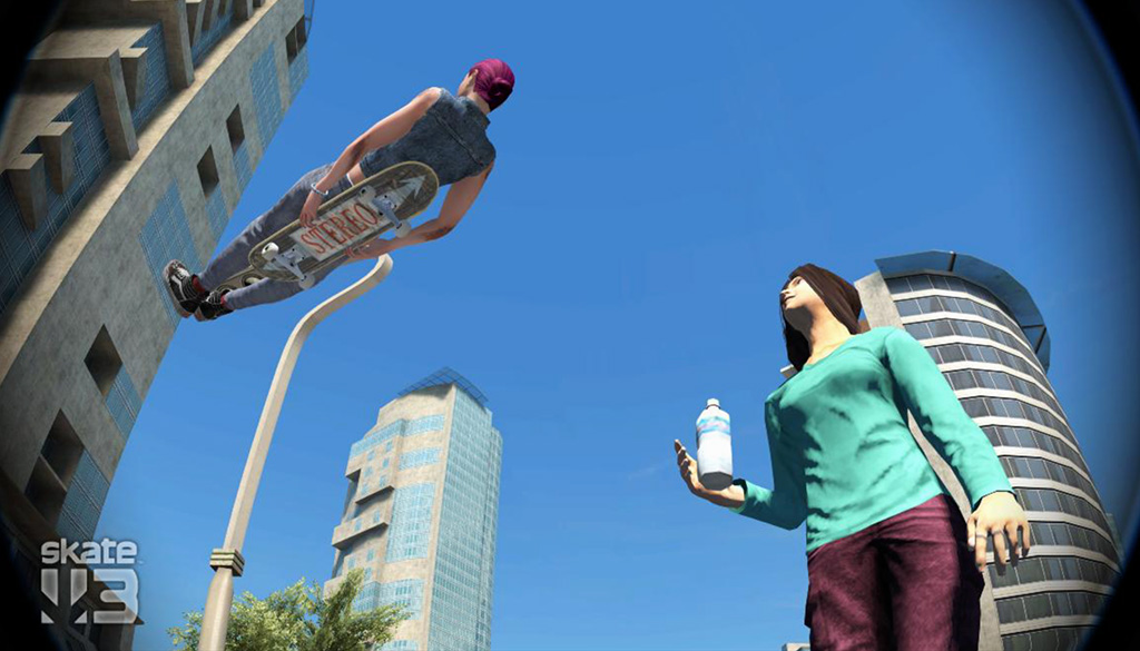 A virtual photo from below of a person with long dark hair holding a plastic water bottle and looking up at a skater flying above them while lying on a skateboard and holding it underneath with both hands.