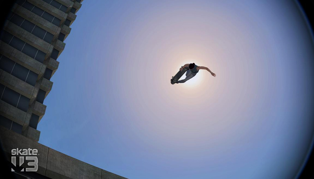 A virtual photo from below of a skater flying high above in the air and blocking the sun from the view.