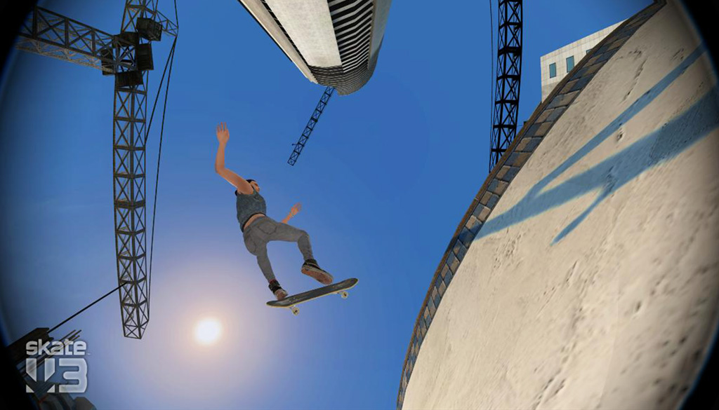 A virtual photo from below of a skater flying in the air into an empty pool bowl with construction cranes blocking the sky.