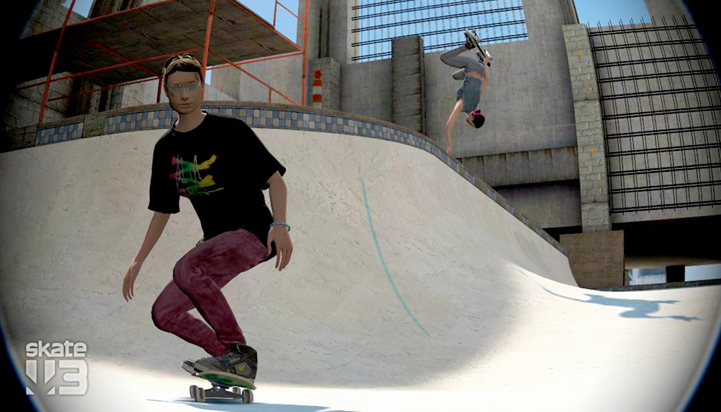 A virtual photo of a skater in an empty pool bowl squatting ready to jump and another skater behind them doing a handstall trick on the edge of the pool.