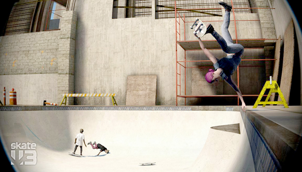 A virtual photo of a skater doing a handstall trick on the edge of an empty pool bowl. Behind in the distance there are two skaters, one of them is falling down head first.