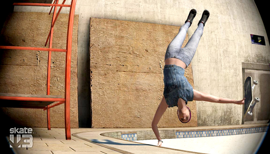 A virtual photo of a skater doing a handstall trick on the edge of an empty pool bowl.